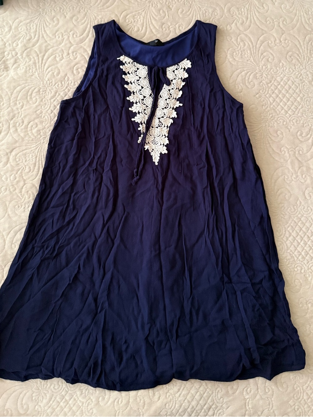 NAIF Navy Sleeveless Dress with White Crochet Accent